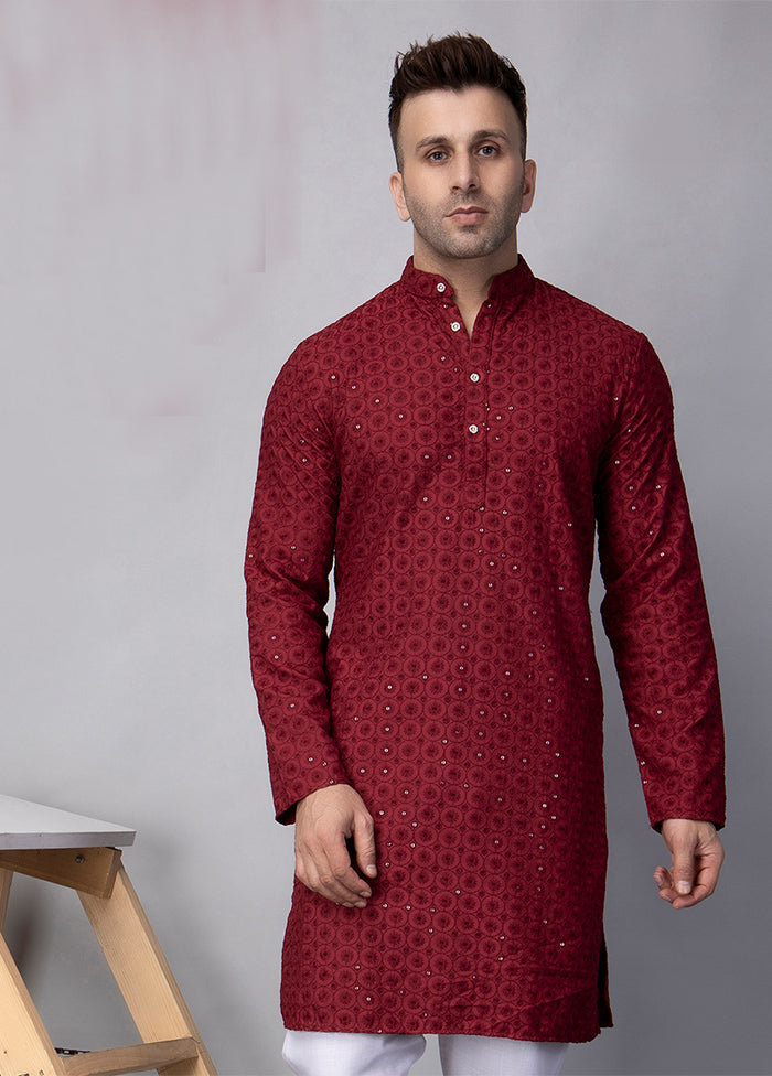 Maroon Viscose Embroidered Knee Length Kurta Cheap Sale Really