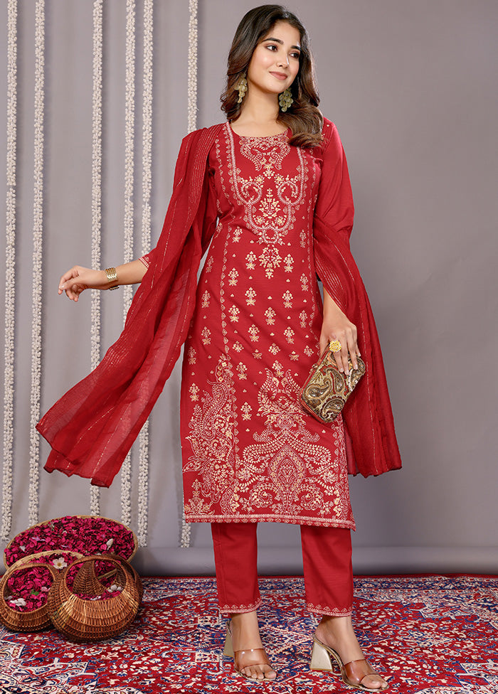 3 Pc Red Readymade Cotton Suit Set New For Sale