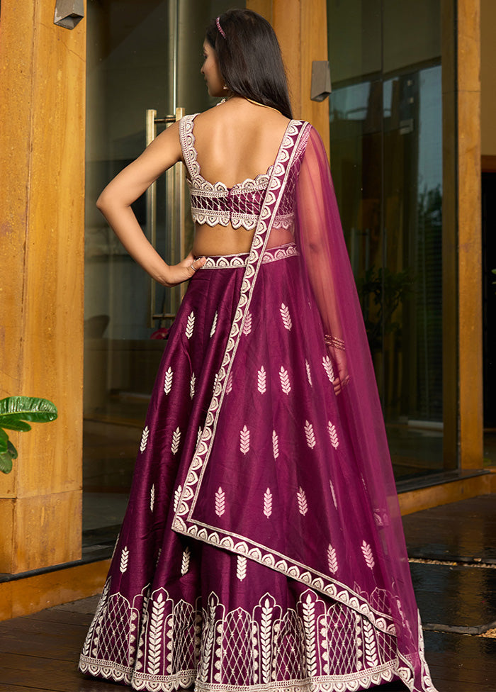 3 Pc Purple Silk Semi Stitched Lehenga Set Sale Fast Delivery