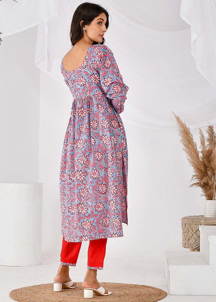 2 Pc Blue Cotton Printed Kurti Set Free Shipping Cheap Pice