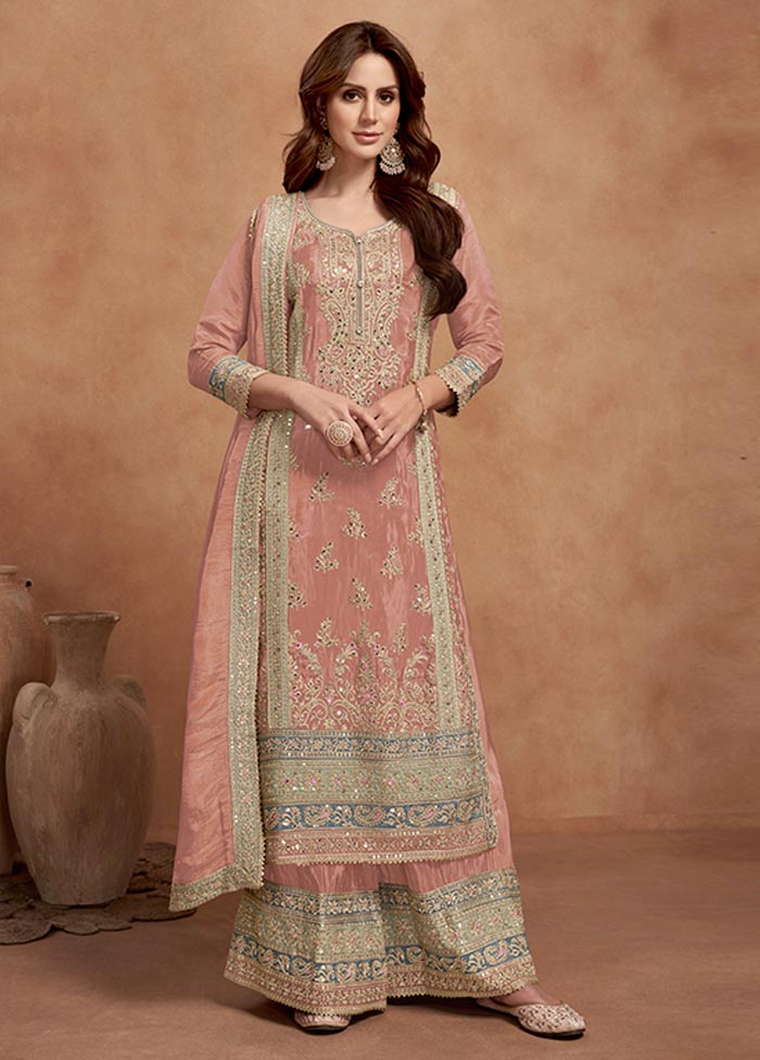 3 Pc Peach Semi Stitched Silk Suit Set Wholesale Pice Cheap Pice