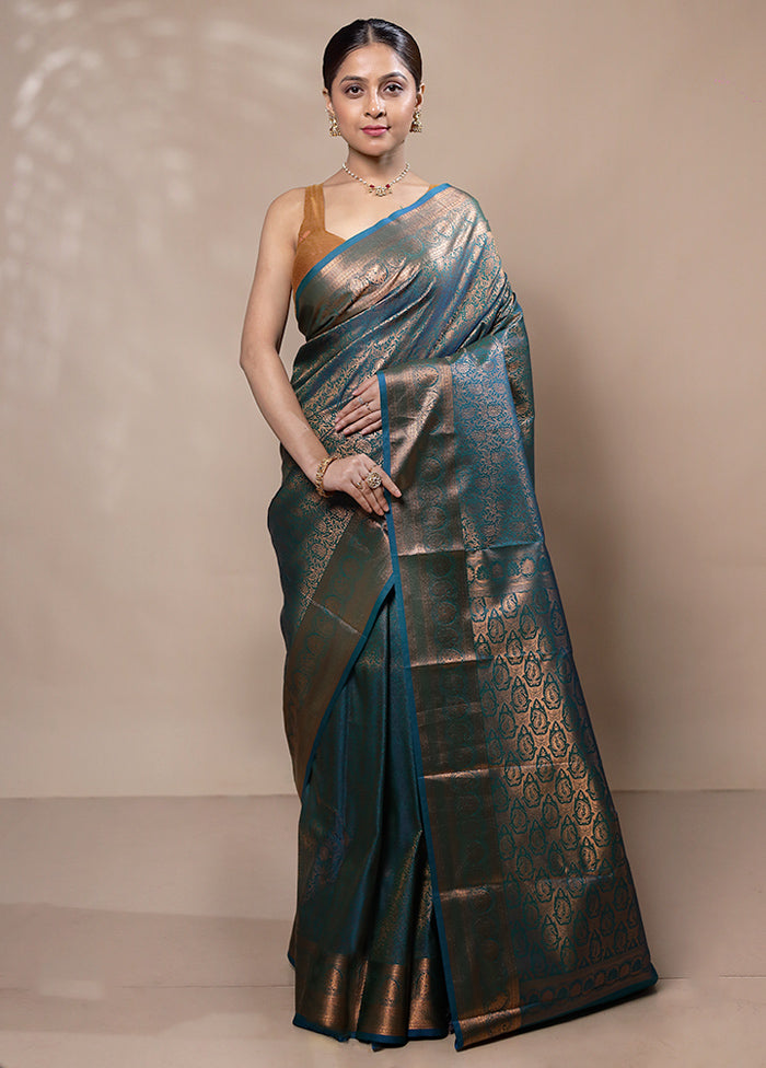 Blue Kanjivaram Silk Saree With Blouse Piece Cheap Manchester Great Sale