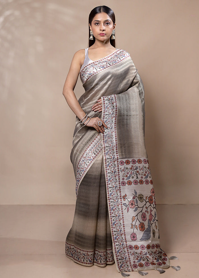 Grey Tissue Silk Saree With Blouse Piece Cheap Low Shipping