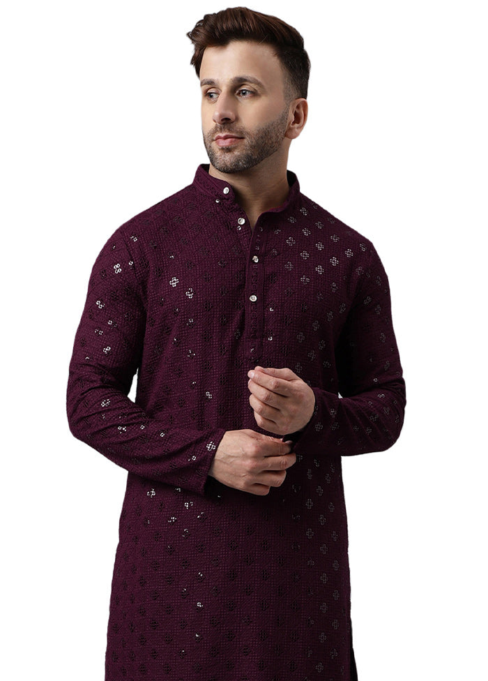 Maroon Silk Embroidered Kurta Cheap 100% Original