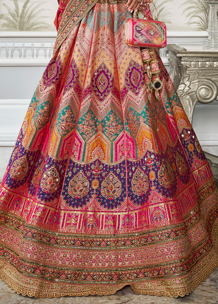 3 Pc Multicolor Silk Semi Stitched Lehenga Set Free Shipping Online