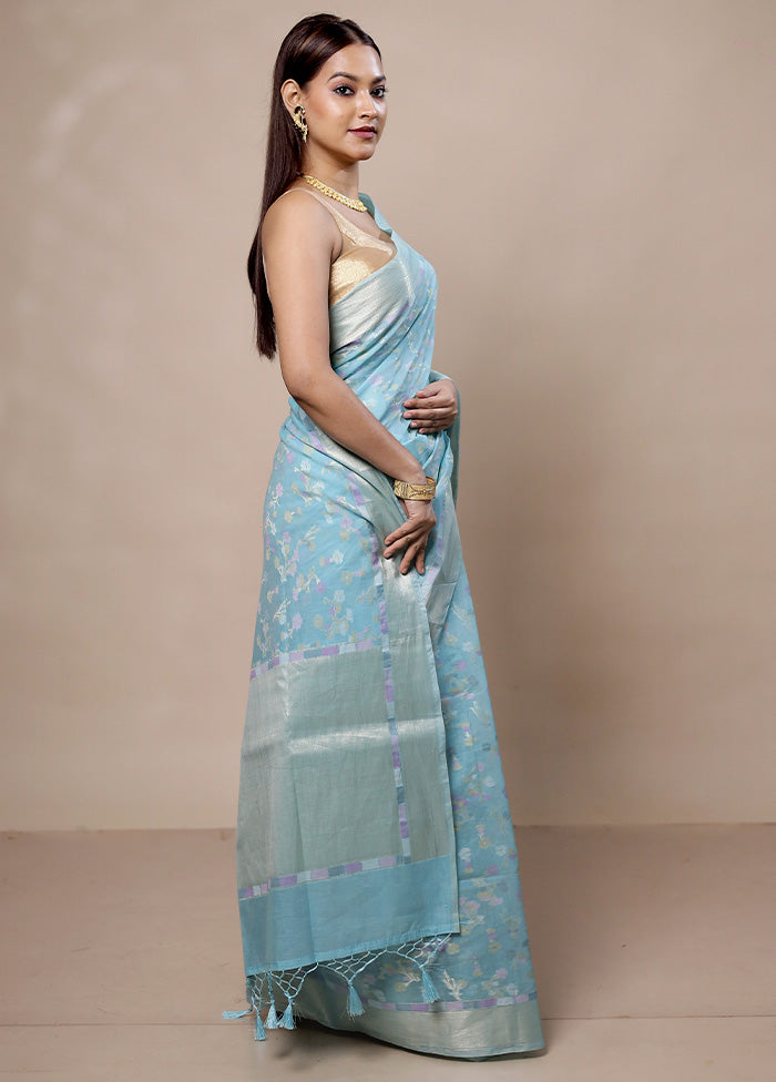 Blue Kora Silk Saree With Blouse Piece Shop Offer Online