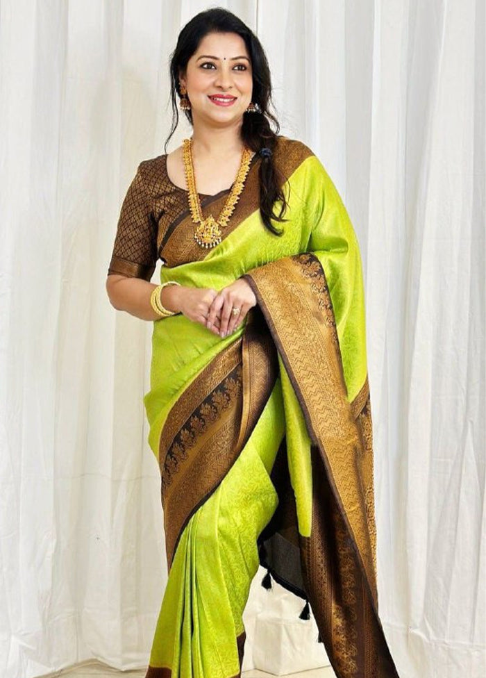 Green Spun Silk Saree With Blouse Piece With Paypal