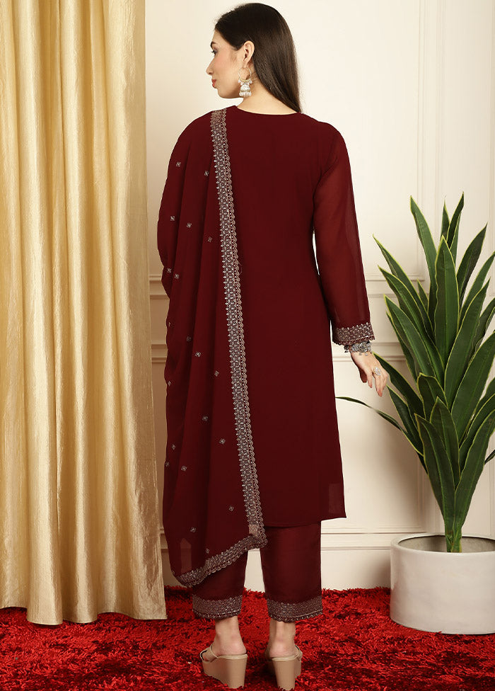 3 Pc Maroon Unstitched Georgette Suit Set Top Quality Cheap Pice