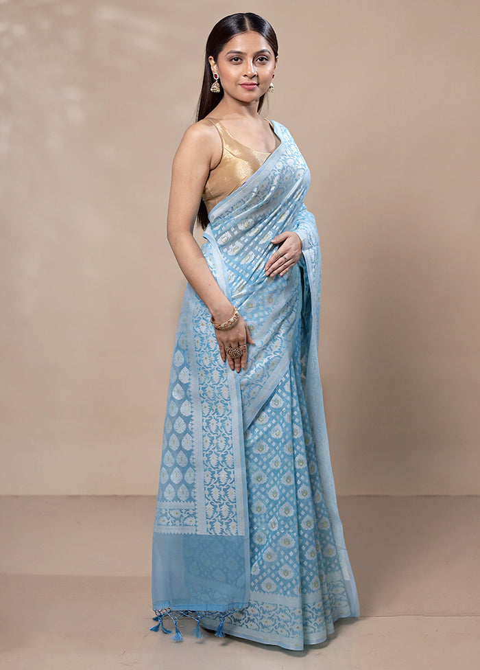 Sky Blue Kora Silk Saree With Blouse Piece Shop For Cheap Online