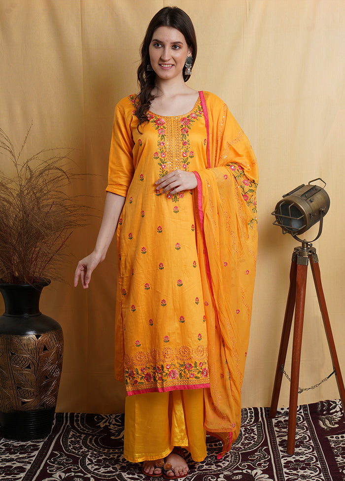 3 Pc Yellow Unstitched Cotton Suit Set Sale Wide Range Of