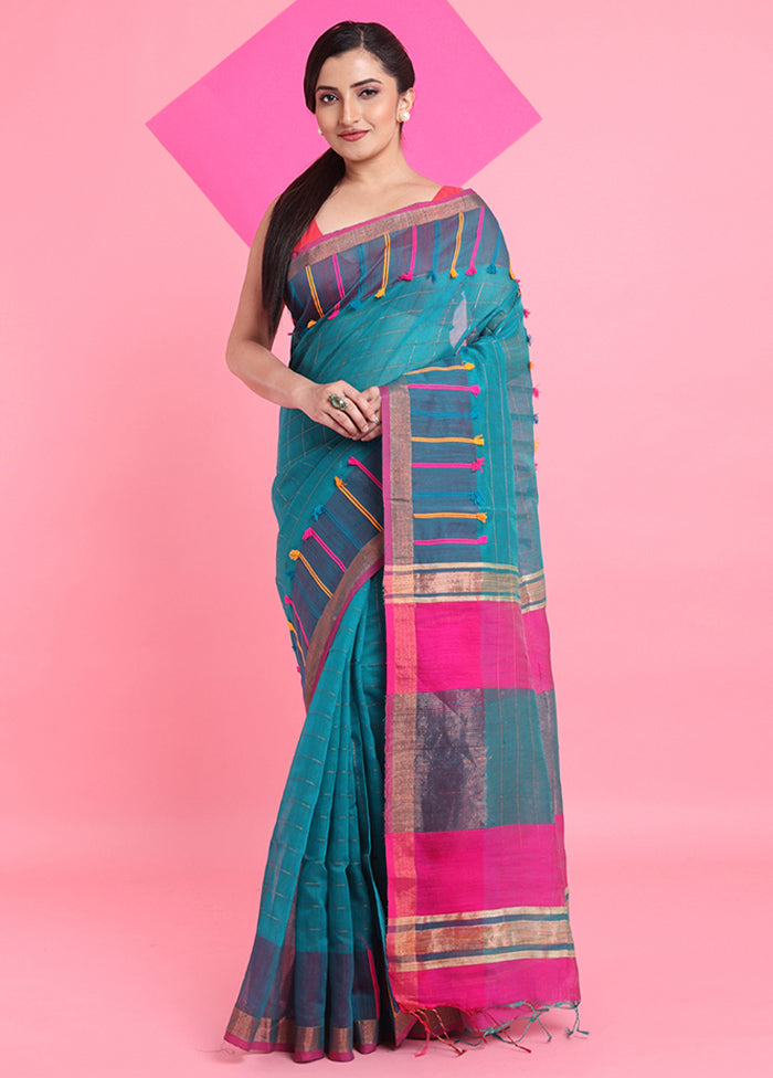 Teal Cotton Saree With Blouse Piece Cheap Sale Big Sale