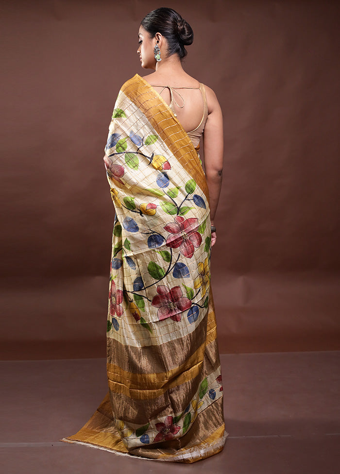 Cream Handloom Tussar Pure Silk Saree With Blouse Piece Buy Sale Online