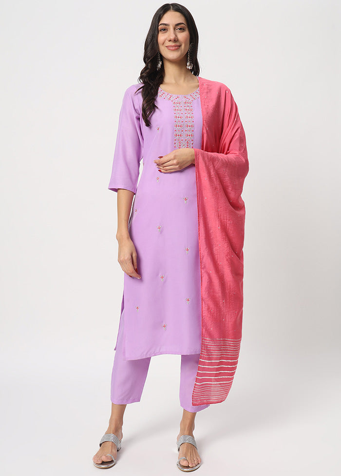 3 Pc Lavender Readymade Cotton Dupatta Suit Set Discount Recommend