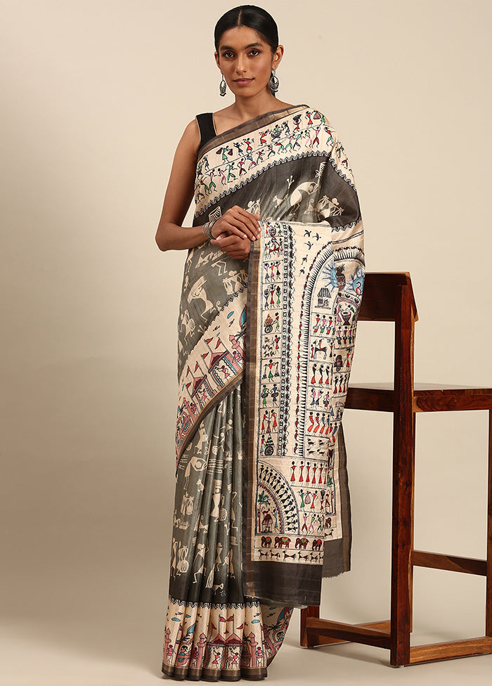 Grey Cotton Saree With Blouse Piece With Credit Card Free Shipping