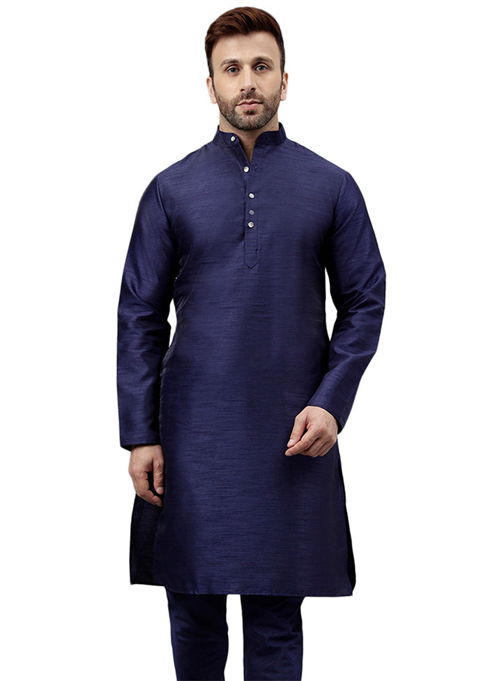 Navy Blue Dupion Silk Solid Kurta Pictures Online