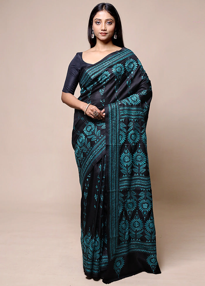 Black Handloom Kantha Stitch Pure Silk Saree With Blouse Piece Discount Low Shipping Fee