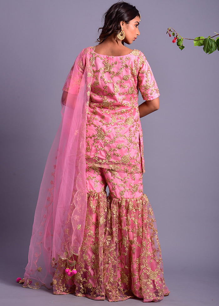 3 Pc Pink Net Sharara Suit Set With Dupatta Online Sale