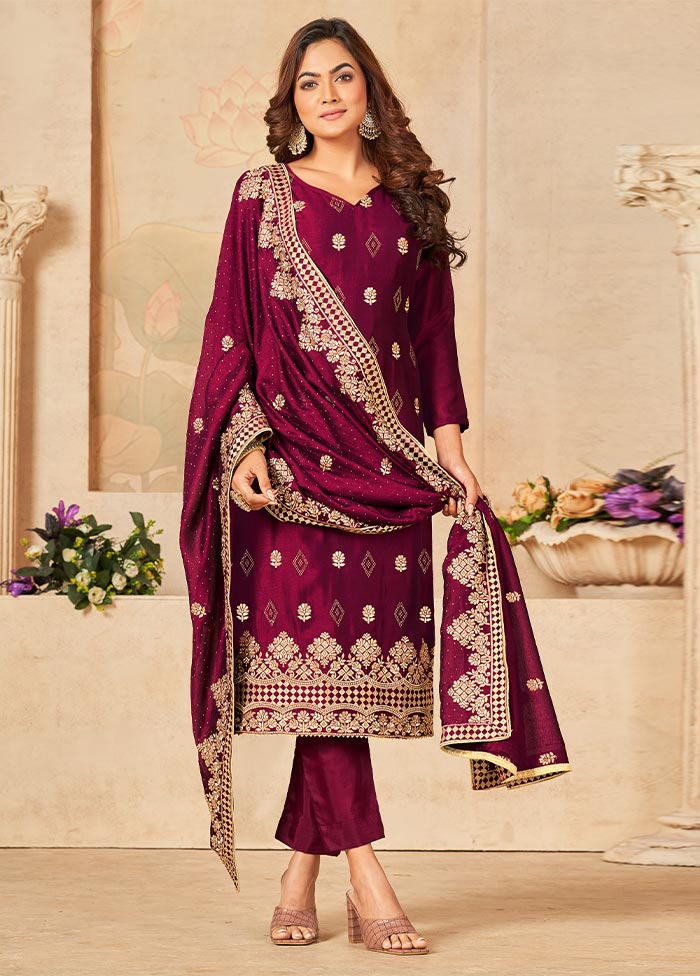 3 Pc Dark Pink Semi Stitched Georgette Suit Set Low Pice For Sale