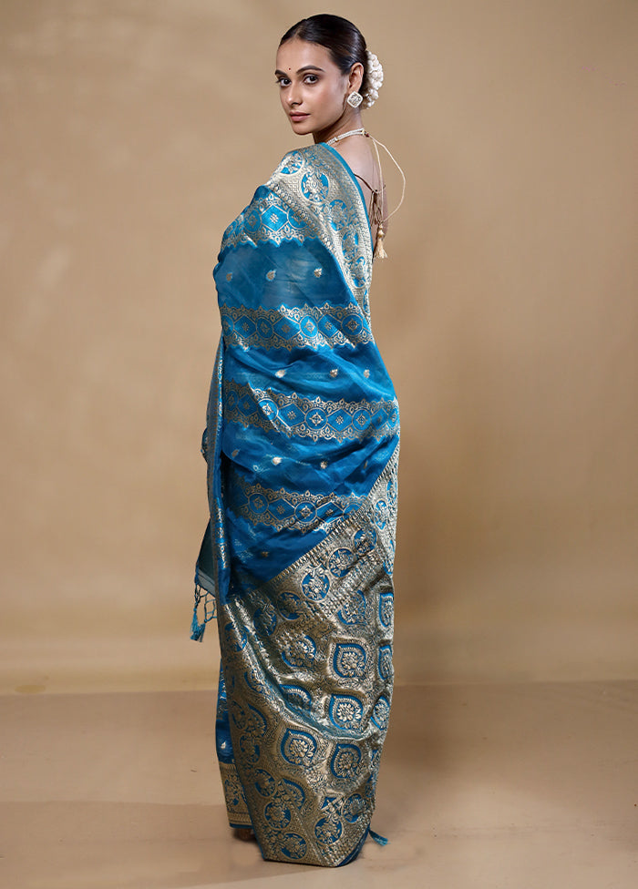 Blue Organza Saree With Blouse Piece Visit Cheap Pice