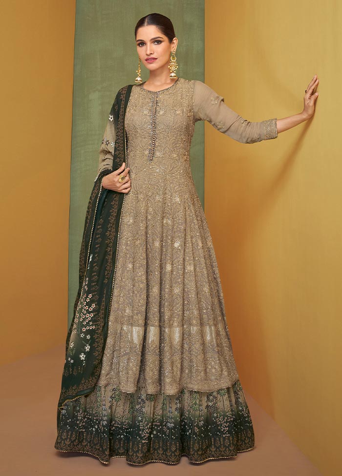 3 Pc Light Brown Semi Stitched Georgette Suit Set Outlet Locations