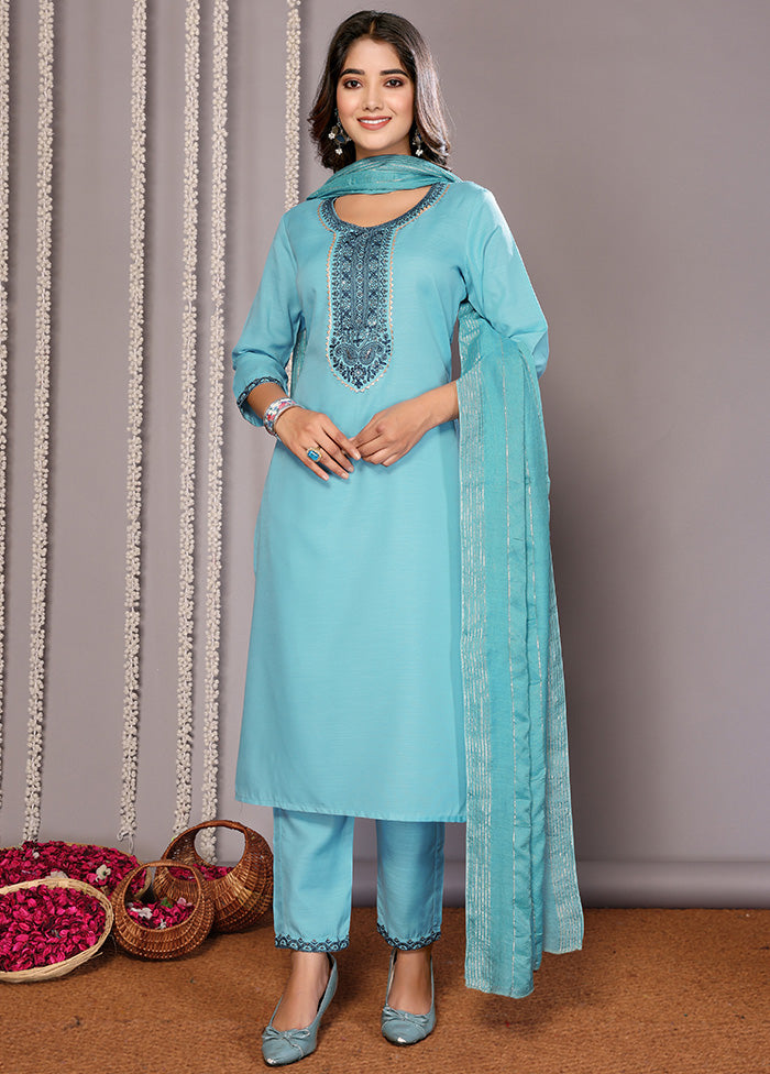 3 Pc Turquoise Blue Readymade Cotton Suit Set Collections Online