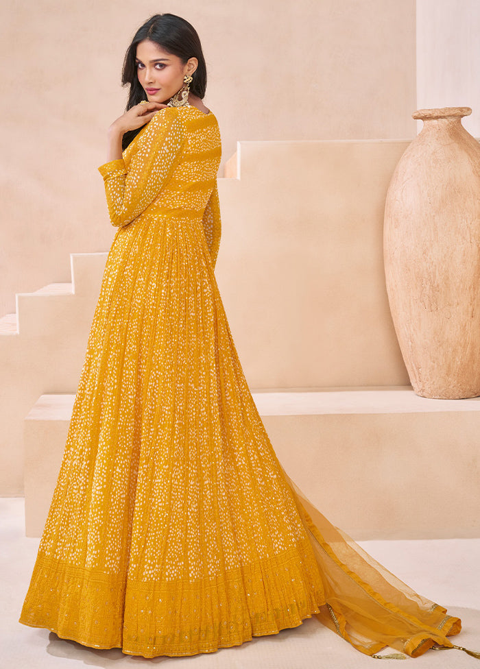 3 Pc Yellow Semi Stitched Georgette Suit Set Clearance High Quality