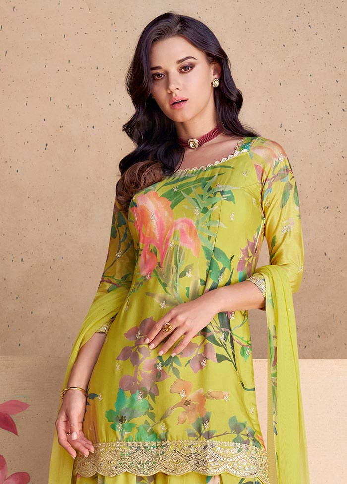 3 Pc Yellow Semi Stitched Silk Suit Set Order