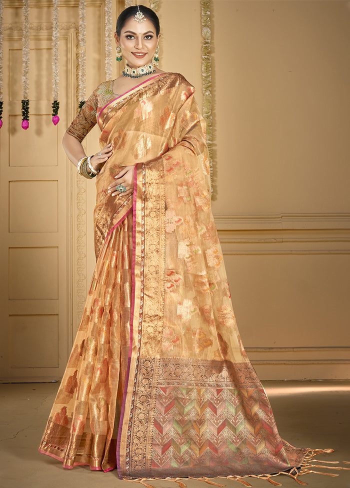 Peach Organza Saree With Blouse Piece Clearance Best Pices