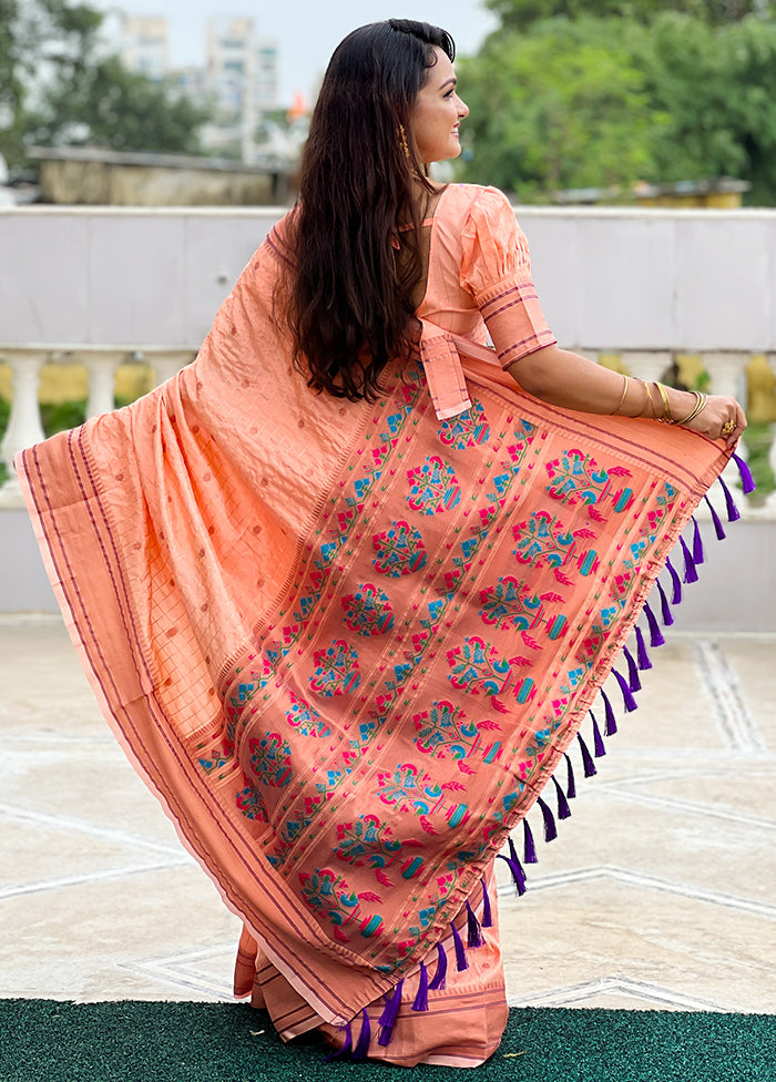 Peach Dupion Silk Saree With Blouse Piece Cheap Sale Get Authentic