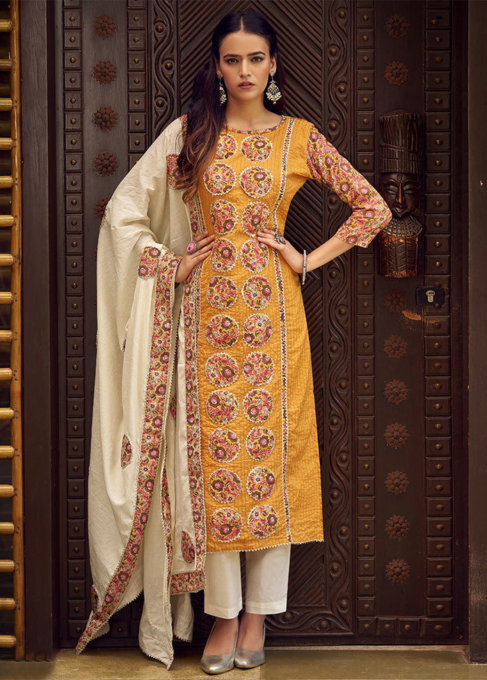 3 Pc Mustard Pure Semi Stitched Cotton Dupatta Suit Set Cheap Store