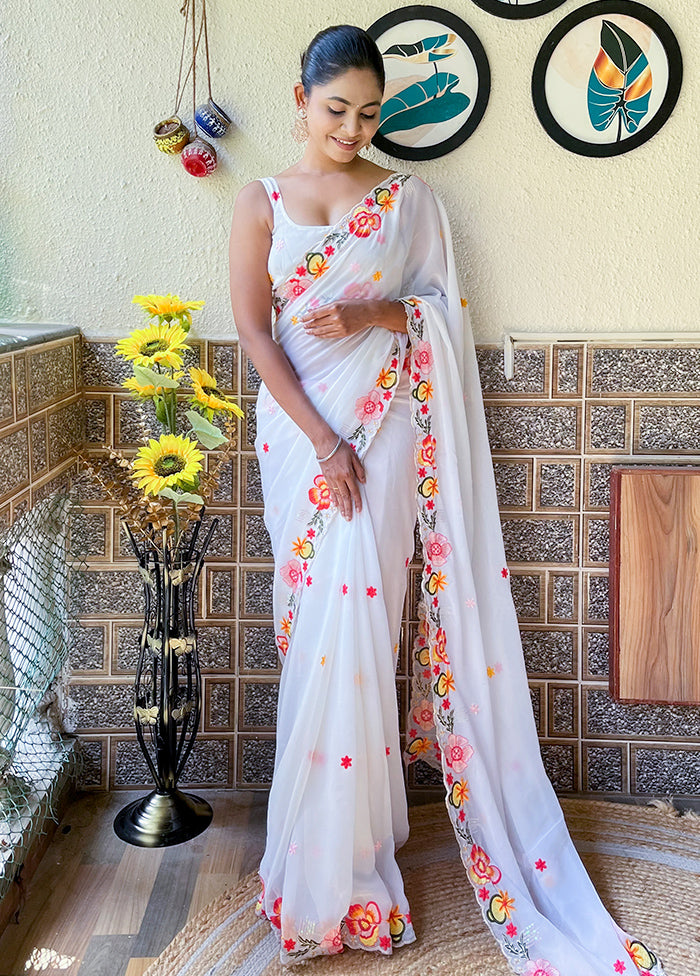 White Georgette Saree With Blouse Piece Get To Buy For Sale