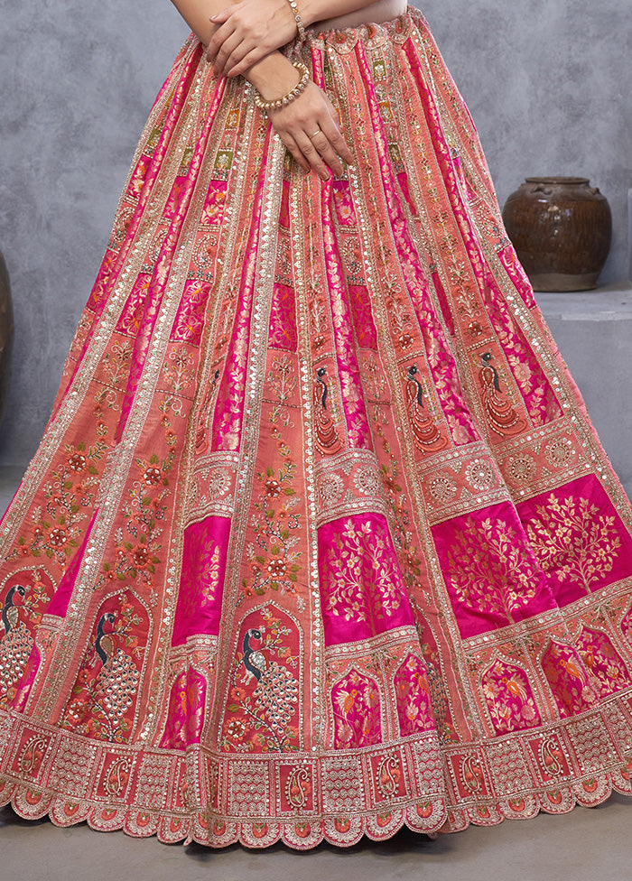 3 Pc Pink Silk Semi Stitched Lehenga Set Sast Sale Online