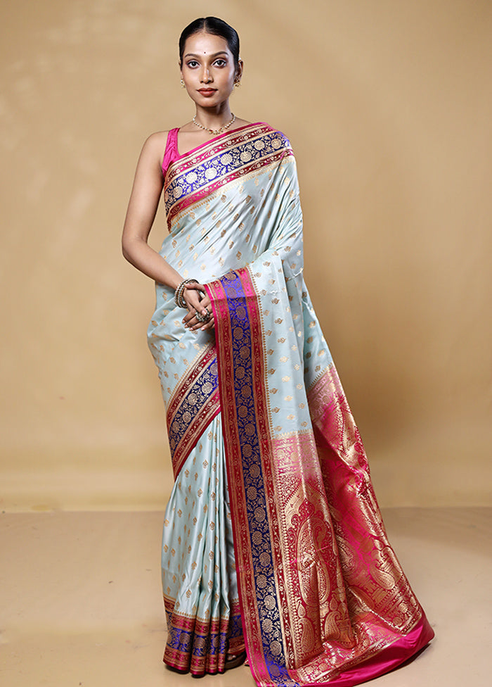 Sky Blue Banarasi Silk Saree With Blouse Piece Clearance 2025 Unisex