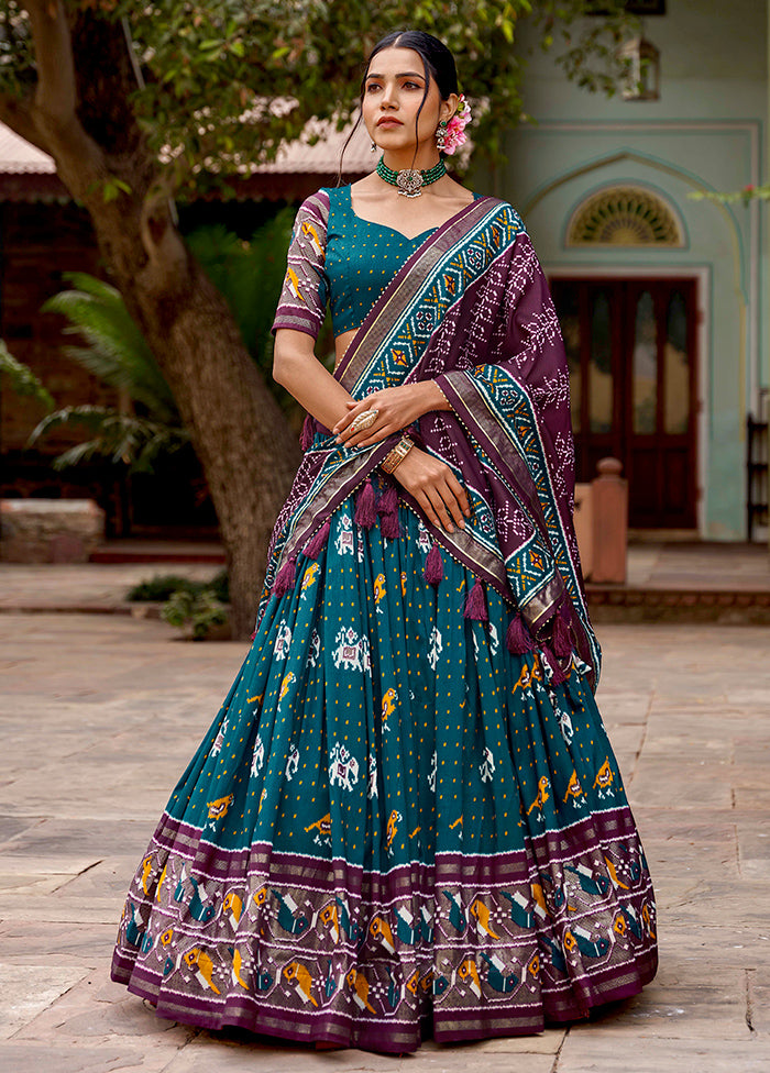 3 Pc Teal Silk Semi Stitched Lehenga Set Cheap With Paypal