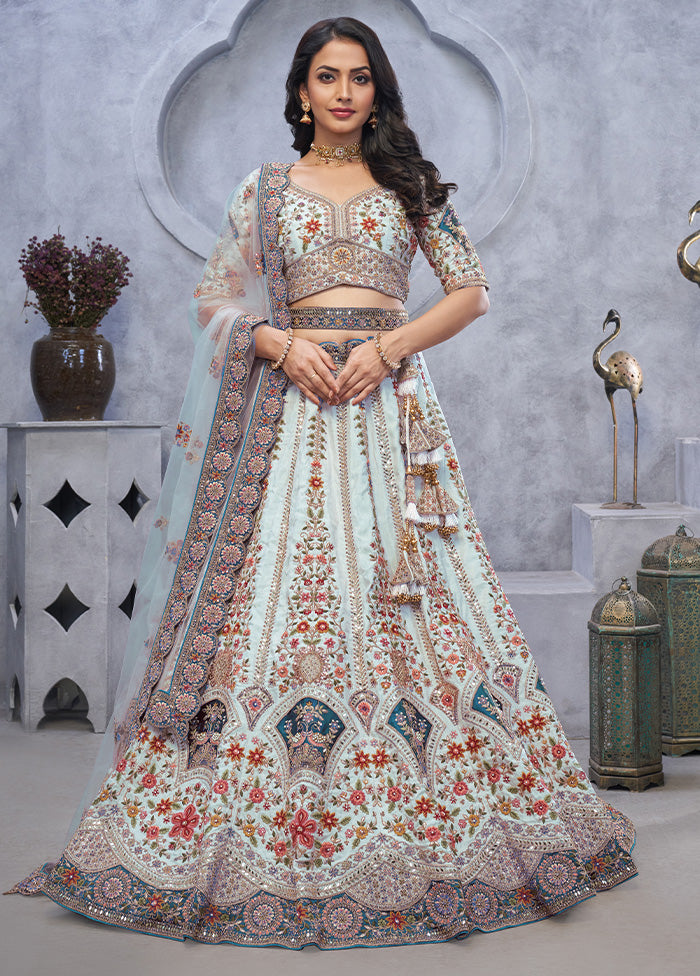 3 Pc Sky Blue Silk Semi Stitched Lehenga Set In China Sale Online