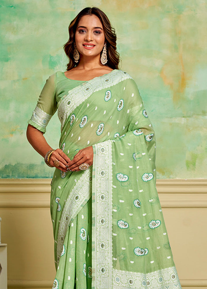 Pista Green Cotton Saree With Blouse Piece Cheap Sale Shop For