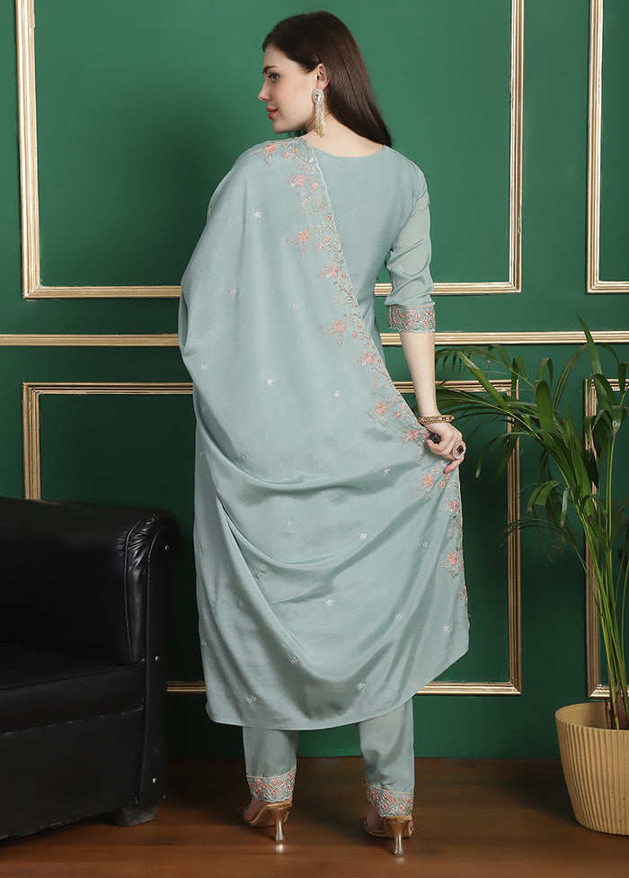 3 Pc Turquoise Unstitched Silk Suit Set For Sale Online