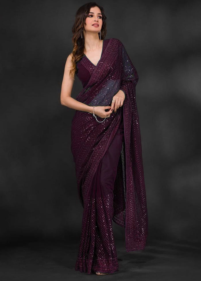 Wine Georgette Saree With Blouse Piece Outlet Low Pice