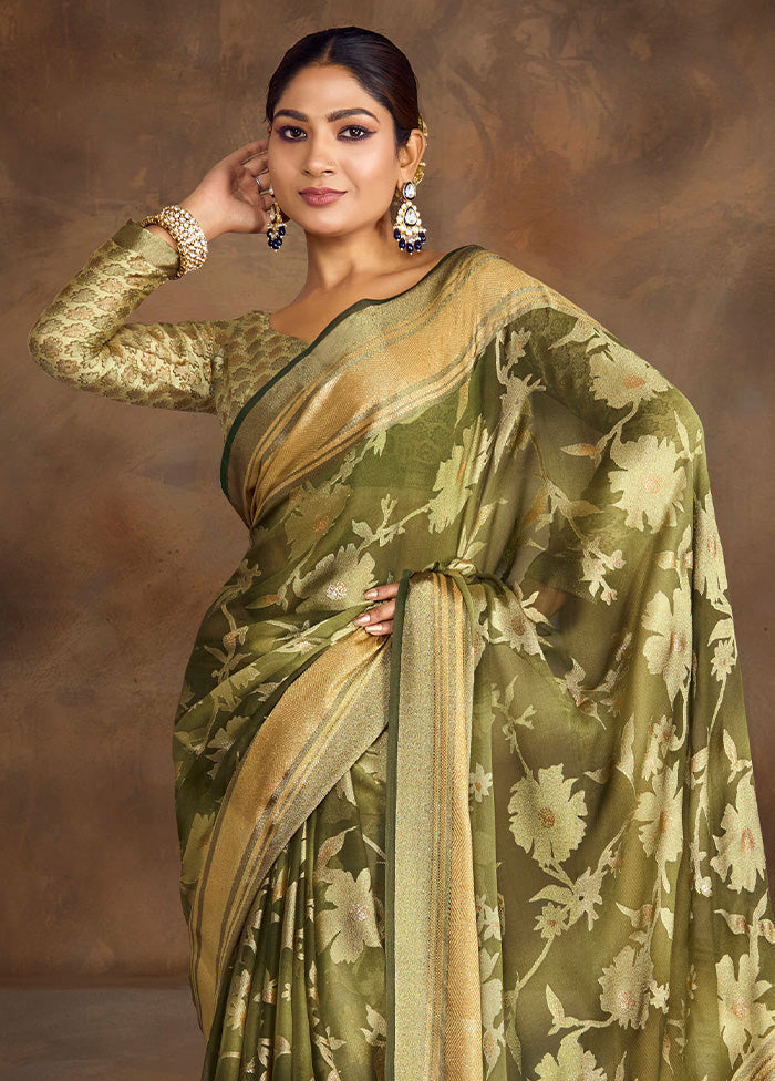 Green Spun Silk Saree With Blouse Piece Pre Order