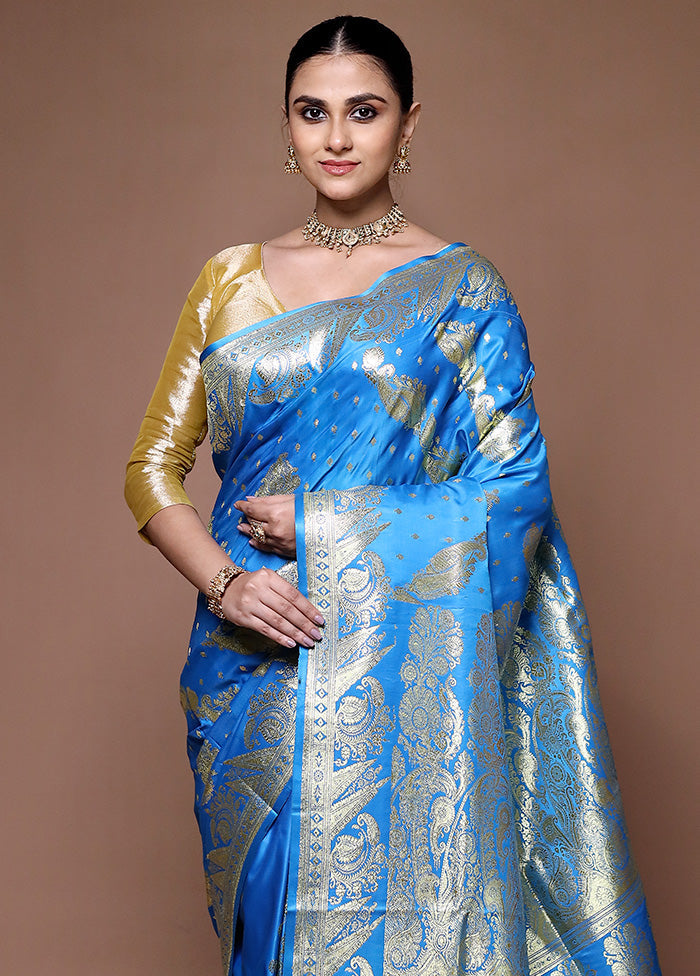 Blue Banarasi Silk Saree With Blouse Piece For Cheap Pice