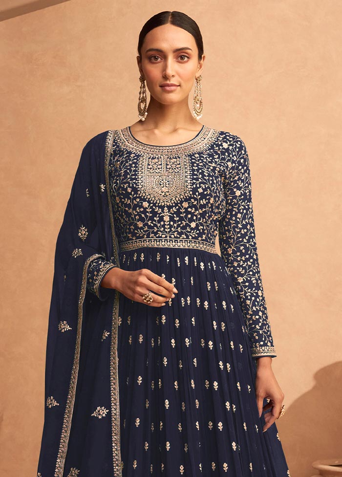 3 Pc Navy Blue Semi Stitched Georgette Suit Set Cheap Sale Best Pices