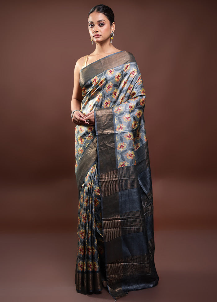 Grey Tussar Silk Saree With Blouse Piece Cheap Sale 2025 New