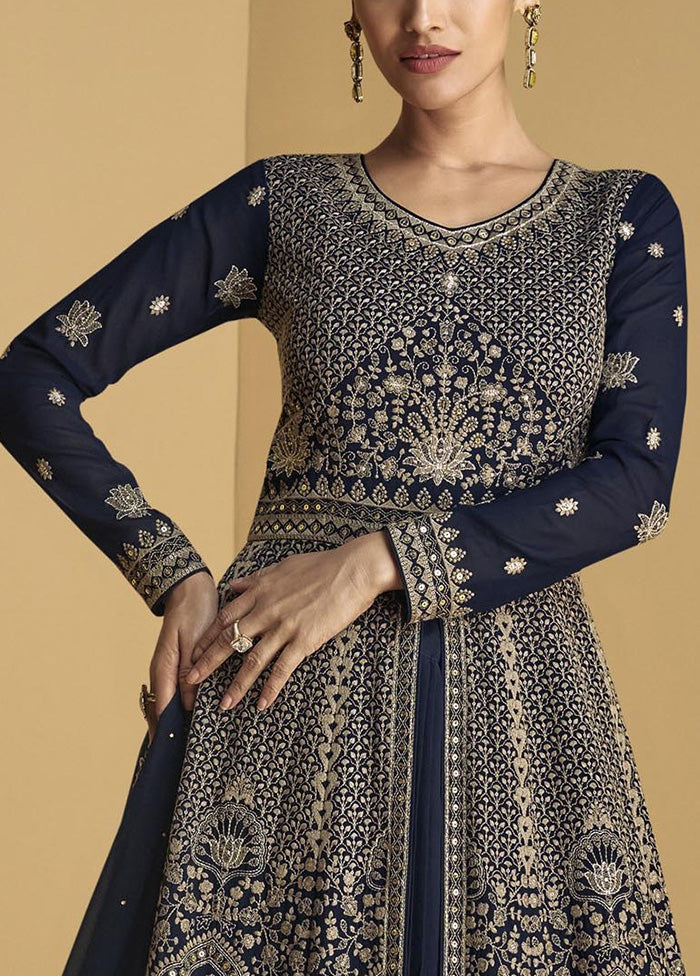 3 Pc Blue Semi Stitched Georgette Suit Set How Much Online