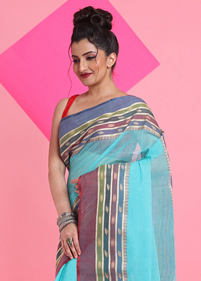 Sea Green Cotton Woven Work Saree Without Blouse Piece Sale Fast Delivery