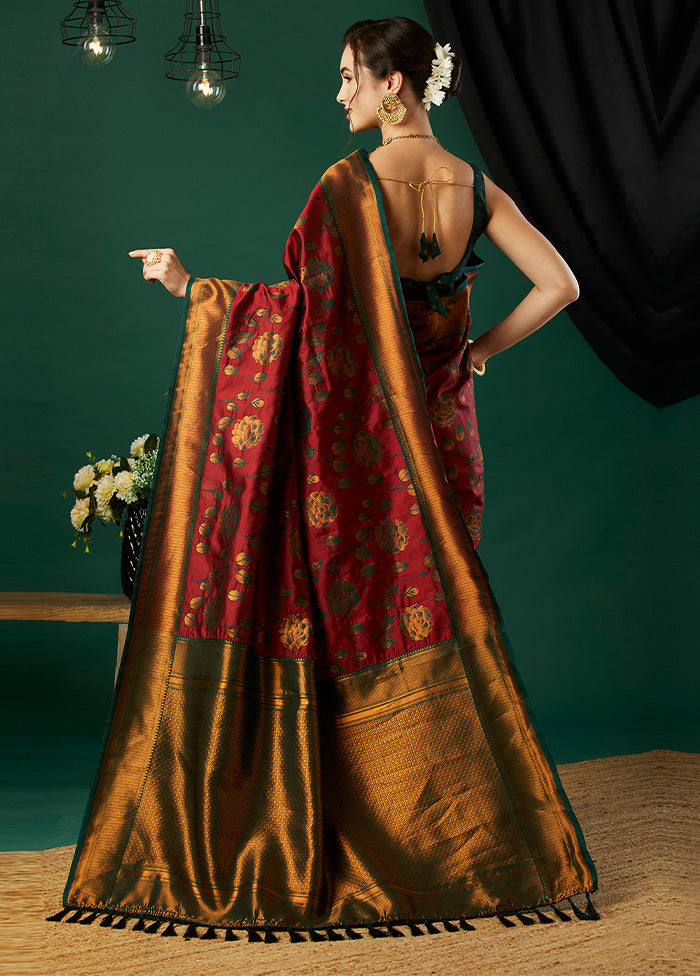 Maroon Banarasi Silk Saree With Blouse Piece Clearance Extremely