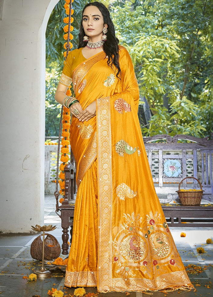 Yellow Spun Silk Saree With Blouse Piece Outlet Amazing Pice