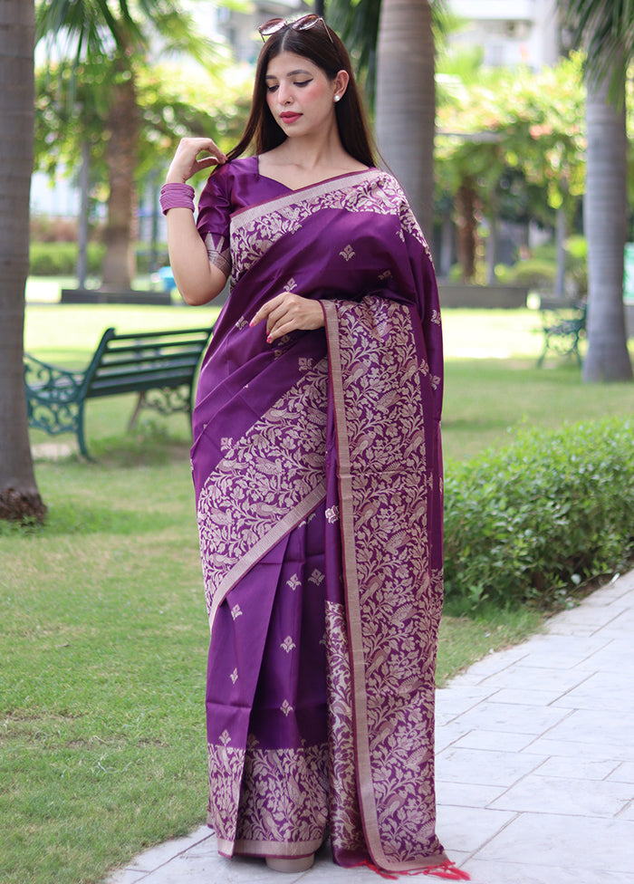 Purple Spun Silk Saree With Blouse Piece Clearance Pictures