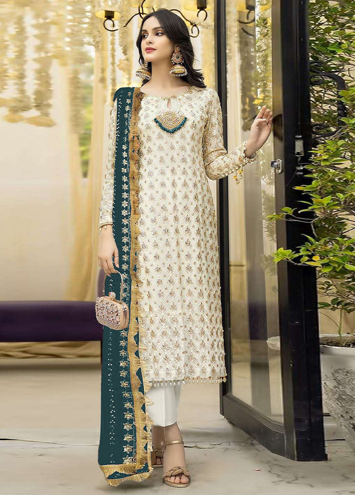 3 Pc Cream Semi Stitched Georgette Suit Set Free Shipping Online