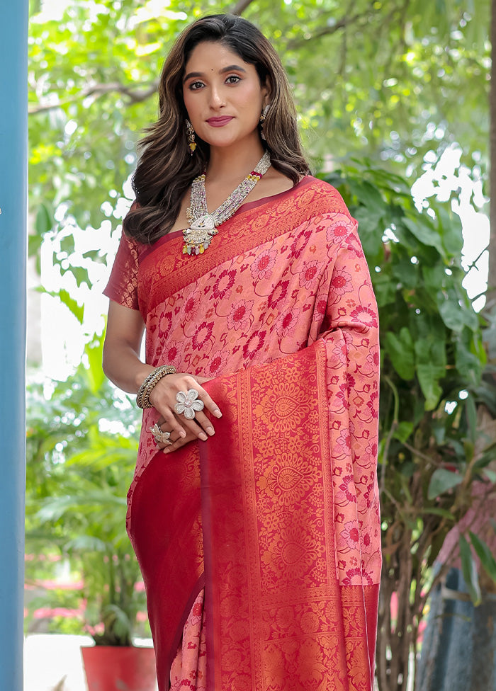 Peach Banarasi Silk Saree With Blouse Piece Cheap With Credit Card