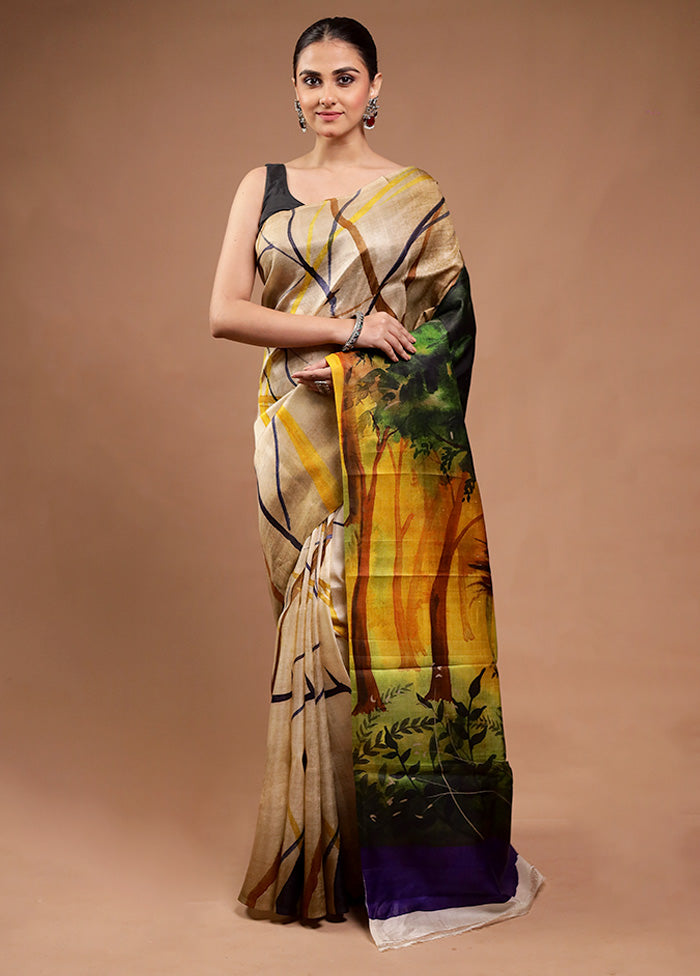 Cream Printed Pure Silk Saree Without Blouse Piece Recommend Cheap Online